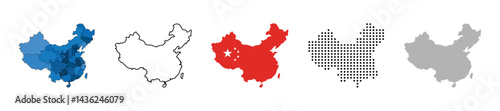 China map vector icon set. Silhouette, states, regions, outline, flag, flat, dotted styles. Vector illustration