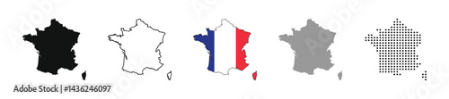 France map vector icon set. Silhouette, states, regions, outline, flag, flat, dotted styles. Vector illustration