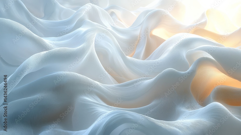 Fototapeta premium Soft, flowing white fabric waves illuminated by warm light, creating a serene and elegant atmosphere perfect for luxury branding or calming design projects.