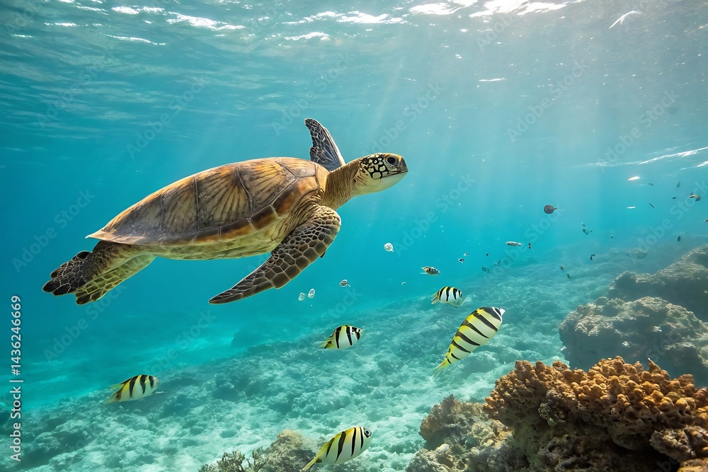 Obraz premium Majestic Sea Turtle Gliding Through Turquoise Waters with Vibrant Fish and Coral Seabed Underwater Photography