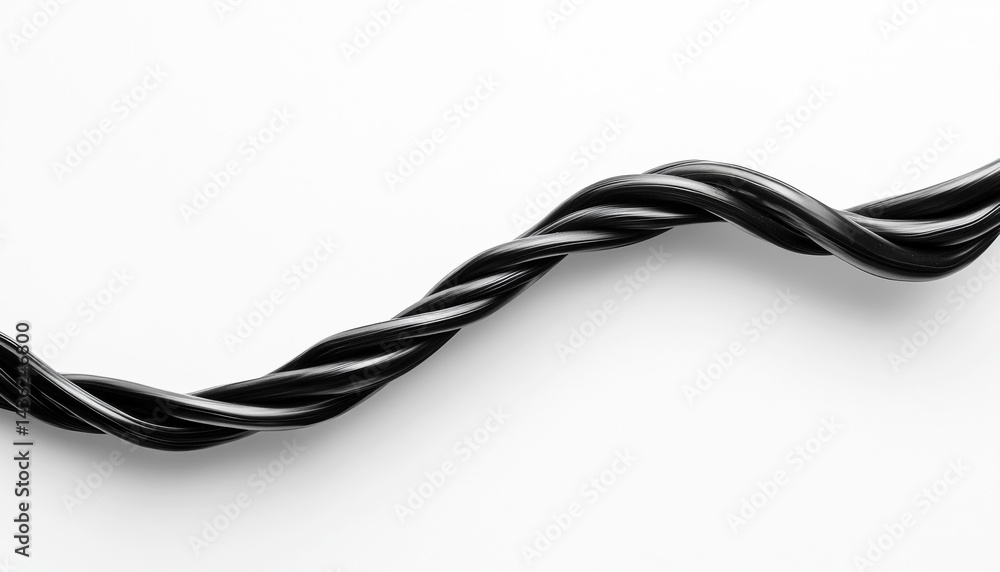 One black electrical wire on white background One black electrical wire on white background