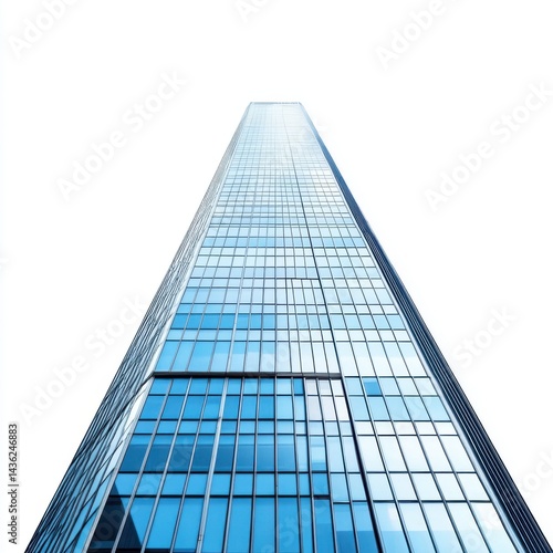 Worm's eye view of a tall skyscraper with blue glass facade on white