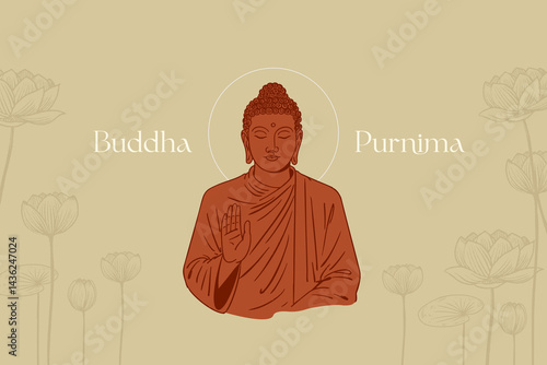 Happy Vesak Day, Buddha Purnima wishes greetings with the Buddha and lotus vector illustration. Can be used for a poster, social media banner, greeting card design 