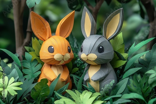 Cute Paper Bunnies Surrounded by Lush Green Foliage in Nature