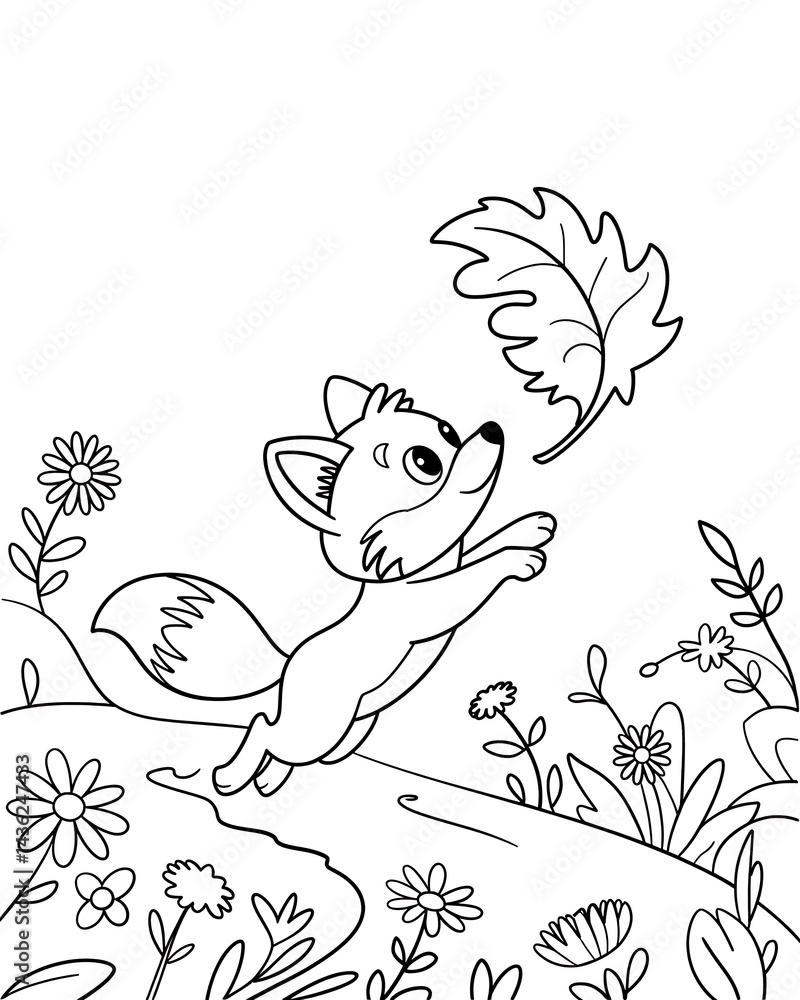 Fototapeta premium Cute Cartoon Fox Jumping Playfully in Autumn Leaf Forest - Black and White Line Drawing for Children's Book Illustration