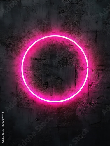 Bright Neon Pink Circle on Dark Grunge Wall Background