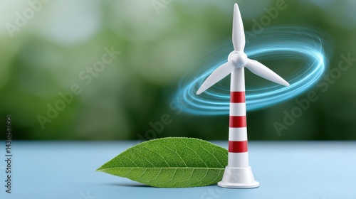 Obraz na płótnie A windmill placed on a green leaf, symbolizing eco-friendly energy. The trend of using renewable and clean energy. Renewable energy support. w salonie