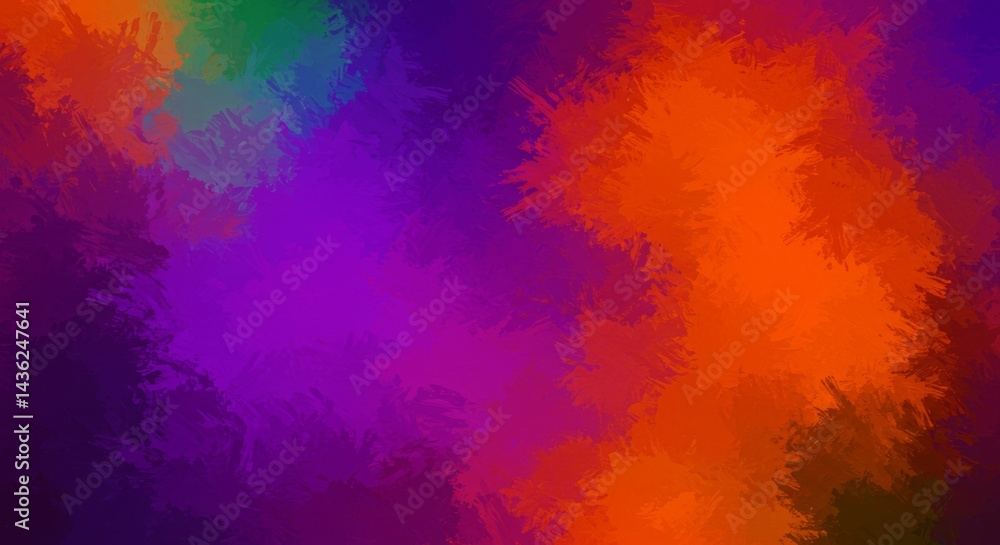 Fototapeta premium Abstract painting with vibrant brushstrokes in purple, orange, and green creating a dynamic and colorful background for creative projects and modern design