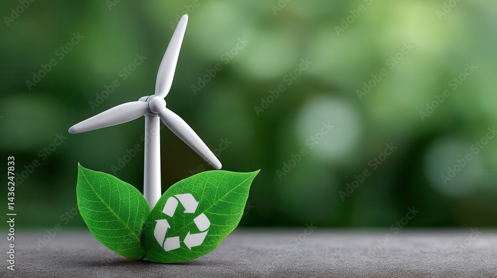 A windmill placed on a green leaf, symbolizing eco-friendly energy. The trend of using renewable and clean energy. Renewable energy support.
