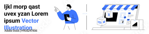 Man holding a tablet while explaining features of an online shop. E-commerce setup, product delivery, technology, digital marketing, branding, online sales, simple landing page