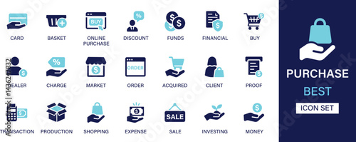 Purchase icon set collection. Card, basket, online purchase, discount, funds, financial, buy, dealer, charge, market, order and best solid icon set.