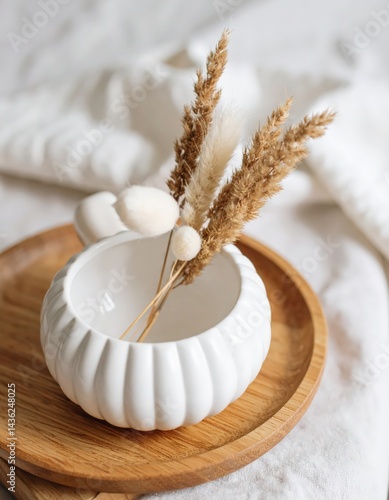 Wallpaper Mural Decorative white bowl with natural dried elements on wooden tray cozy minimalist styling Torontodigital.ca