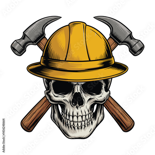 Skull in Hard Hat with Crossed Hammers Vector Art