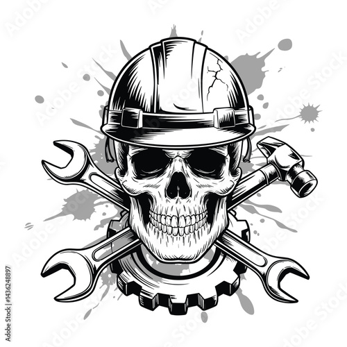 Skull with Cracked Hard Hat and Crossed Tools Vector