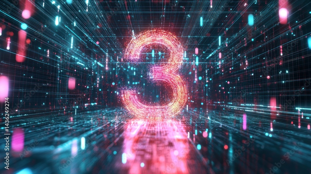 Fototapeta premium Digital Number Three in a Futuristic, Data-Rich Environment