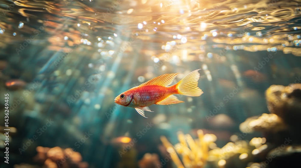 Obraz premium Vibrant fish in an aquarium, sunlight beams through water