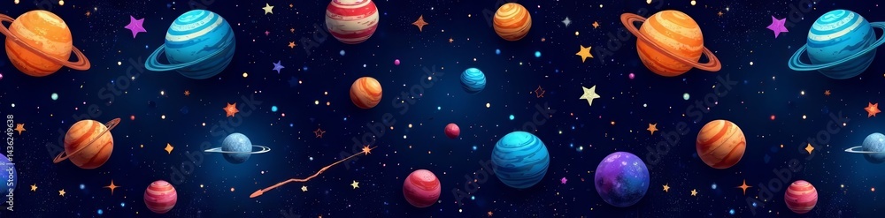 Seamless pattern featuring various space elements like stars, planets, and comets, vector, astronomical, universe Seamless pattern featuring various space elements like stars, planets, and comets, vector, astronomical, universe
