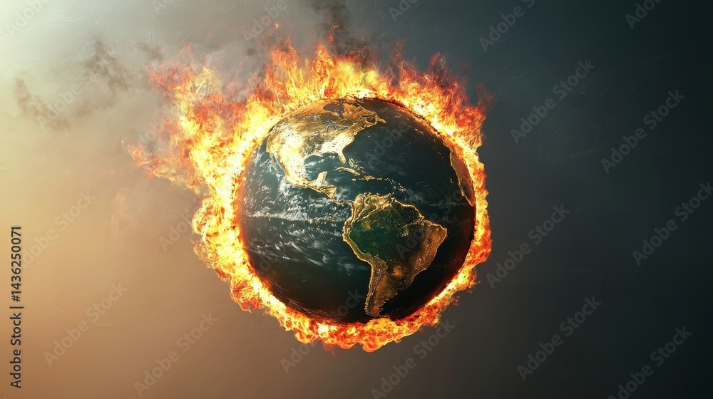Fototapeta premium Digital illustration of a realistic Earth surrounded by dynamic flames against a smooth gradient background showcasing land, water and fiery energy in warm orange and cool blue tones