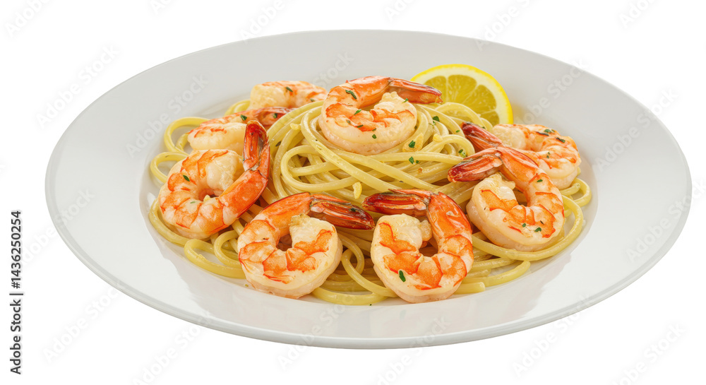 Shrimp scampi on pasta a lemon slice adds zest to the creamy sauce Shrimp scampi on pasta a lemon slice adds zest to the creamy sauce