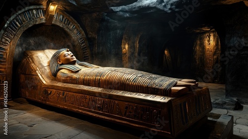 Ancient Egyptian mummy resting in golden sarcophagus, dark crypt