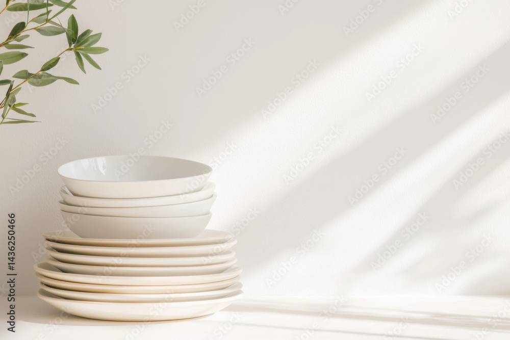 Minimalistic stack of clean, white dishes with soft shadows and natural light creating serene atmosphere. arrangement showcases simplicity and elegance in kitchenware Minimalistic stack of clean, white dishes with soft shadows and natural light creating serene atmosphere. arrangement showcases simplicity and elegance in kitchenware
