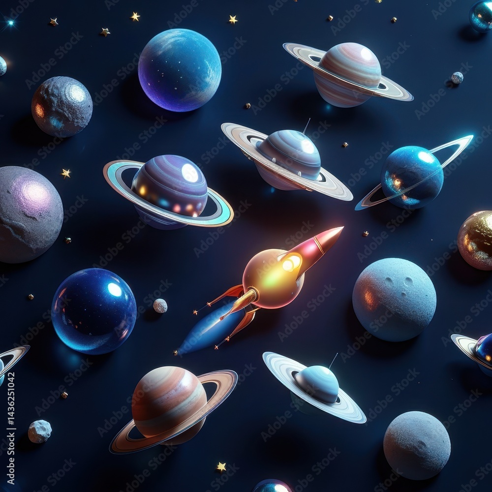Naklejka premium Holographic stickers featuring planets, UFOs, and rockets, metallic iridescent effects, starry dust, deep blue backdrop, sci-fi details.
