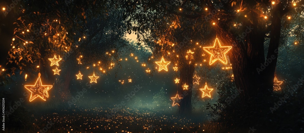 Naklejka premium Enchanting Forest Pathway with Star Lights