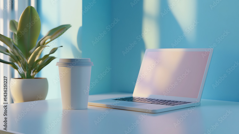 Fototapeta premium A white laptop sits on a table next to a cup of coffee