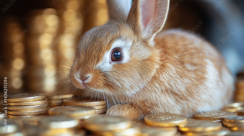 Curious rabbit rests on golden coins, symbolizing financial fortune and market unpredictability in a whimsical setting