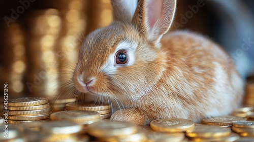 Obraz na płótnie Curious rabbit rests on golden coins, symbolizing financial fortune and market unpredictability in a whimsical setting w salonie