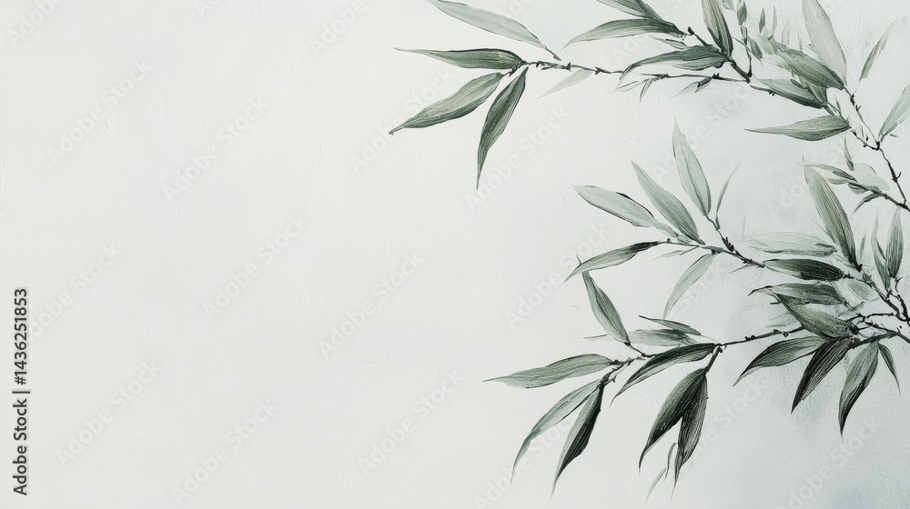 Fototapeta premium Stylized monochrome bamboo foliage with elongated leaves and branches on textured off-white background, soft diffused lighting creates tranquil minimalist artwork, contemporary