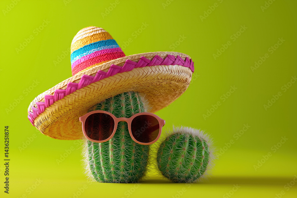 cute cactus in colorful sombrero and pink sunglasses on bright green background playful mexican summer theme concept
