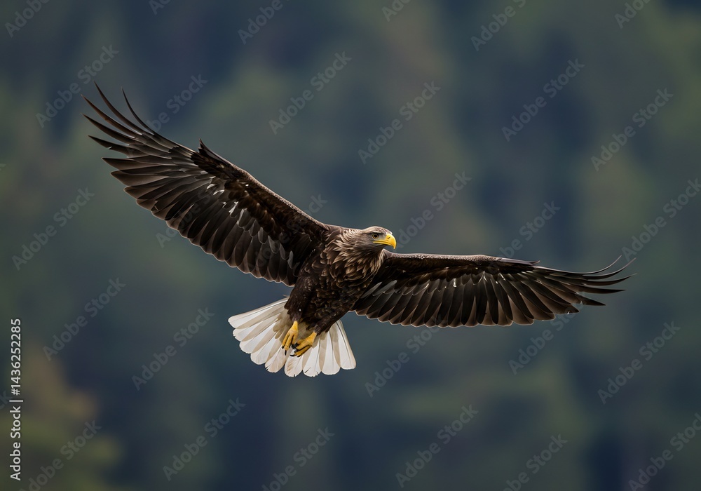 Fototapeta premium 力強く羽ばたくワシ 緑の森背景 雄々しい飛行