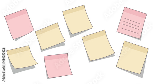 Pink And Beige Sticky Notes Scattered On A White Background