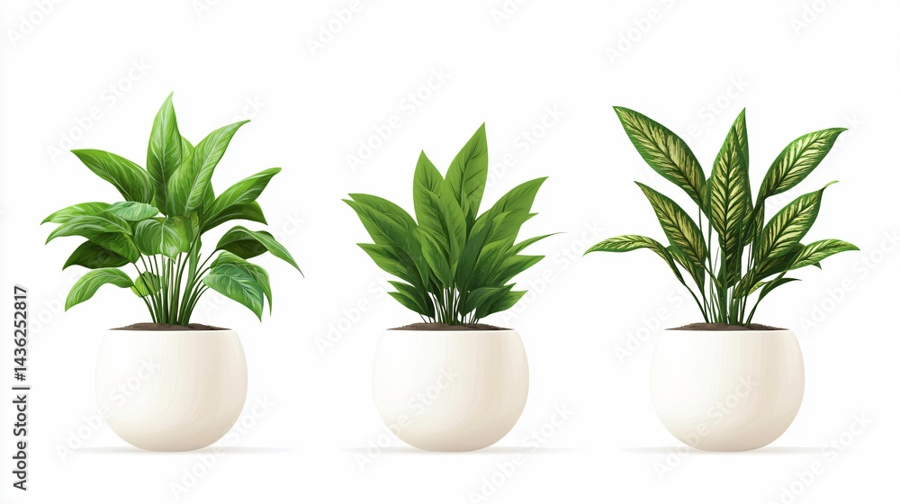 Elegant Potted Plants with Lush Green Leaves on White Background Elegant Potted Plants with Lush Green Leaves on White Background