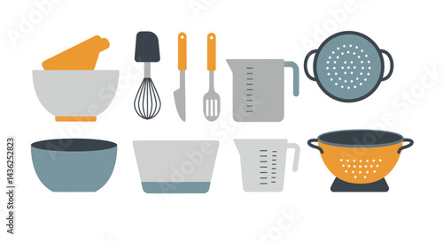 Pixel Art Kitchen Utensils Set Grey Orange Mixing Bowls Measuring Cups Whisk