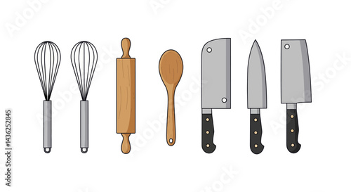 Pixel Art Kitchen Utensils Whisk, Rolling Pin, Wooden Spoon, Cleavers, And
