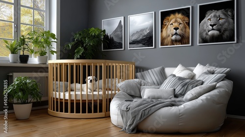 Obraz na płótnie Charming children's room featuring an oval crib and artistic poster frames in a modern 3D render w salonie