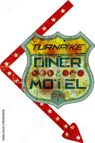 Vintage super grungy american motel and diner sign, retro distressed and weathered vector illustration