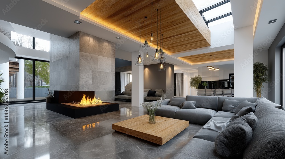 Luxurious living room interior featuring a modern aesthetic with open space and elegant design elements in a contemporary home