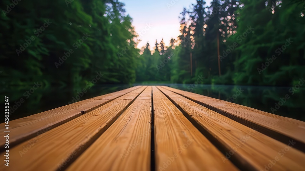 A wooden bridge crossing a peaceful river deep in the European forest, bathed in warm, golden sunlight A wooden bridge crossing a peaceful river deep in the European forest, bathed in warm, golden sunlight