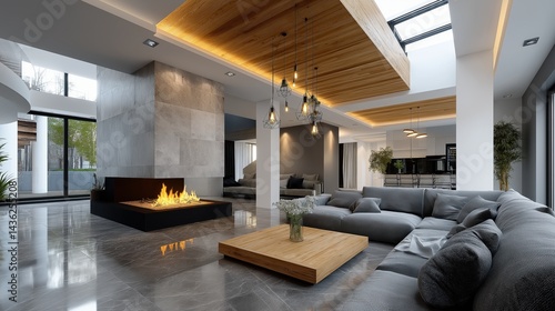 Obraz na płótnie Luxurious living room interior featuring a modern aesthetic with open space and elegant design elements in a contemporary home w salonie