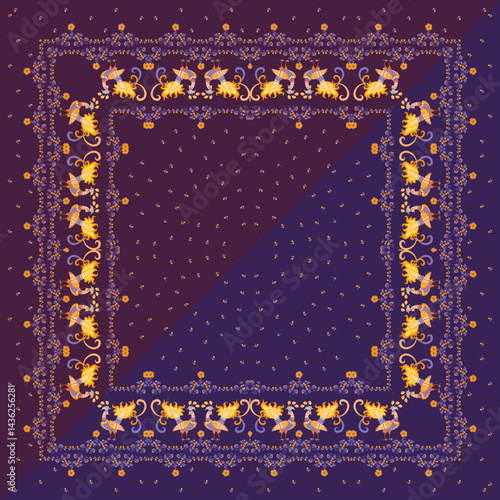 Unusual square diagonal pattern for a shawl or rug with magical yellow birds, berries and tiny flowers on a deep purple and indigo background. Folklore print.
