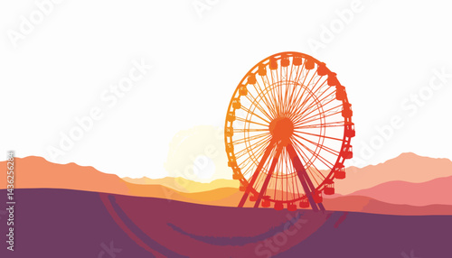 Colorful Ferris wheel silhouette at sunset in desert, whimsical adventure