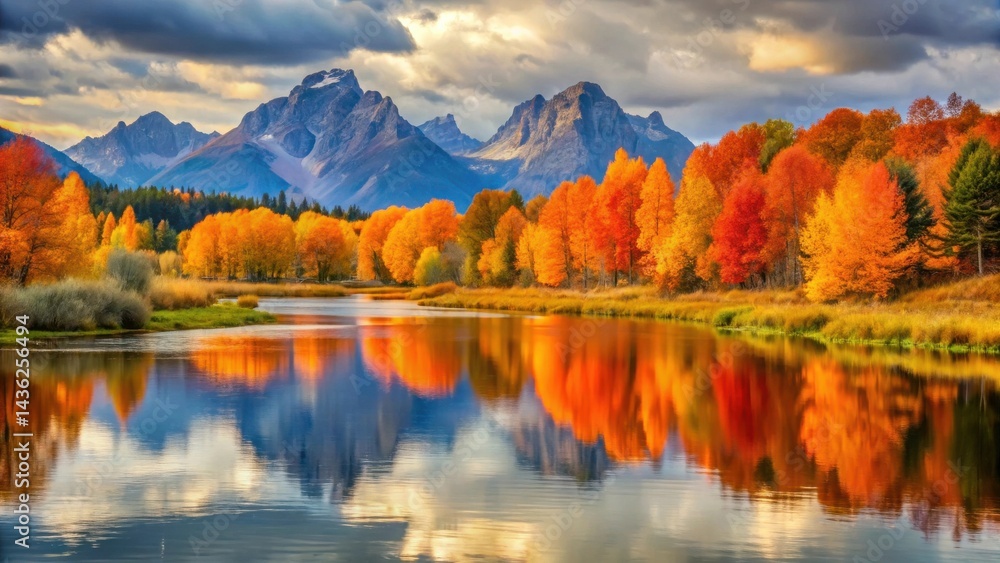 Autumnal Serenity A Picturesque River Reflecting Vibrant Fall Foliage Against a Majestic Mountain Range Autumnal Serenity A Picturesque River Reflecting Vibrant Fall Foliage Against a Majestic Mountain Range