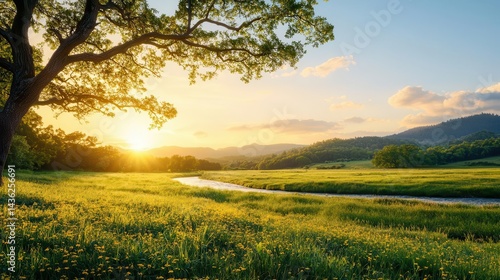A sunlit European clearing where a river gently curves through wildflower meadows and majestic old oak trees