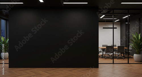 Modern black wall mockup in office with wooden floor and meeting room visible through glass wall on right side under ceiling lights at night,professional, indoor, architecture, ai, generative, illustr