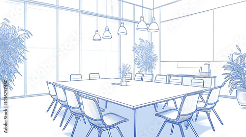 A blue and white drawing of a conference room with a large table and many chairs