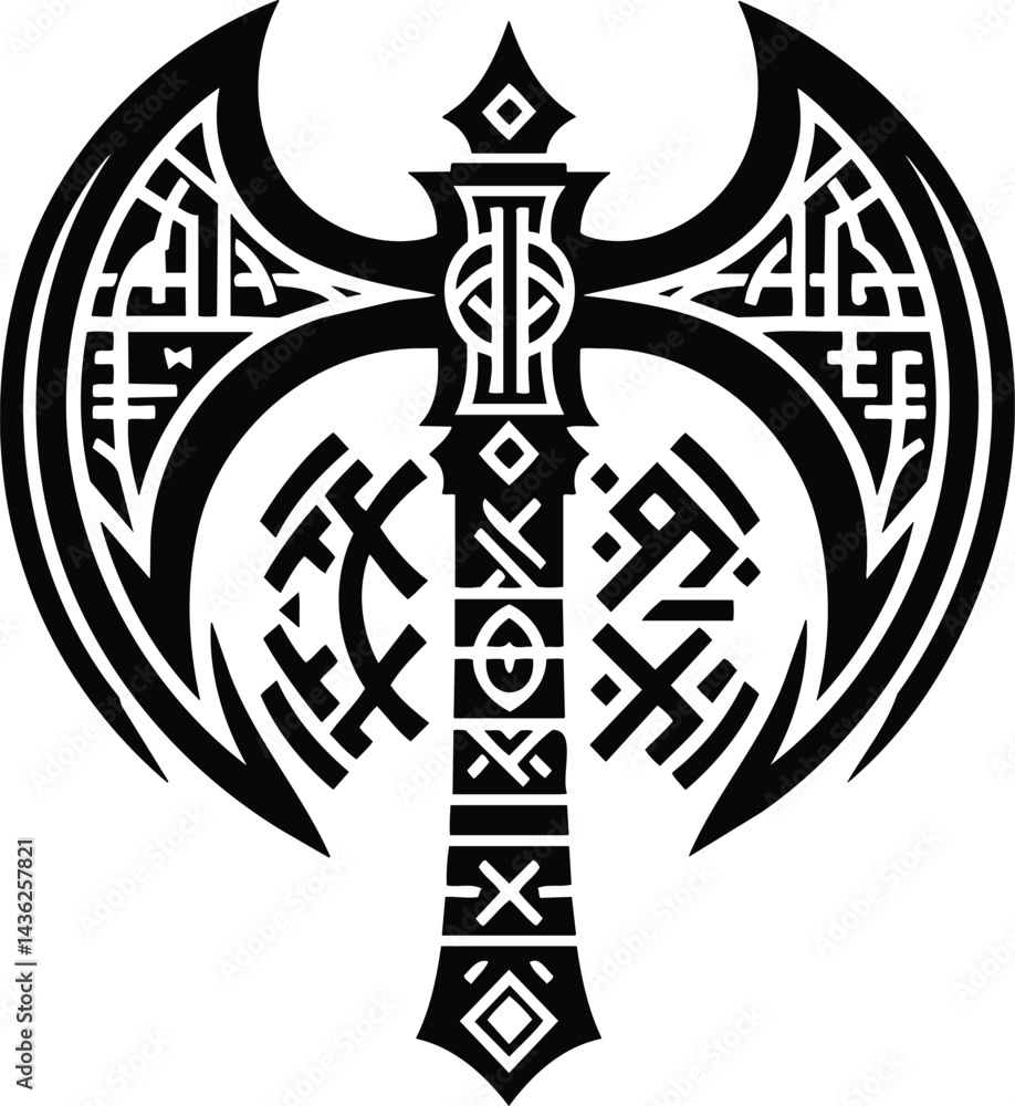 Naklejka premium Double Headed Battle Axe with Norse Runes Silhouette