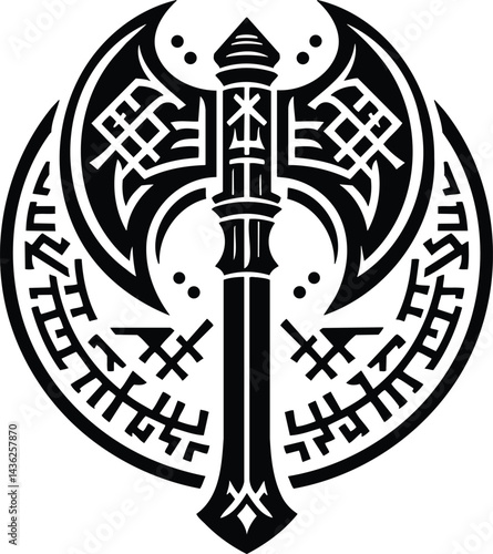 Double Headed Battle Axe with Norse Runes Silhouette